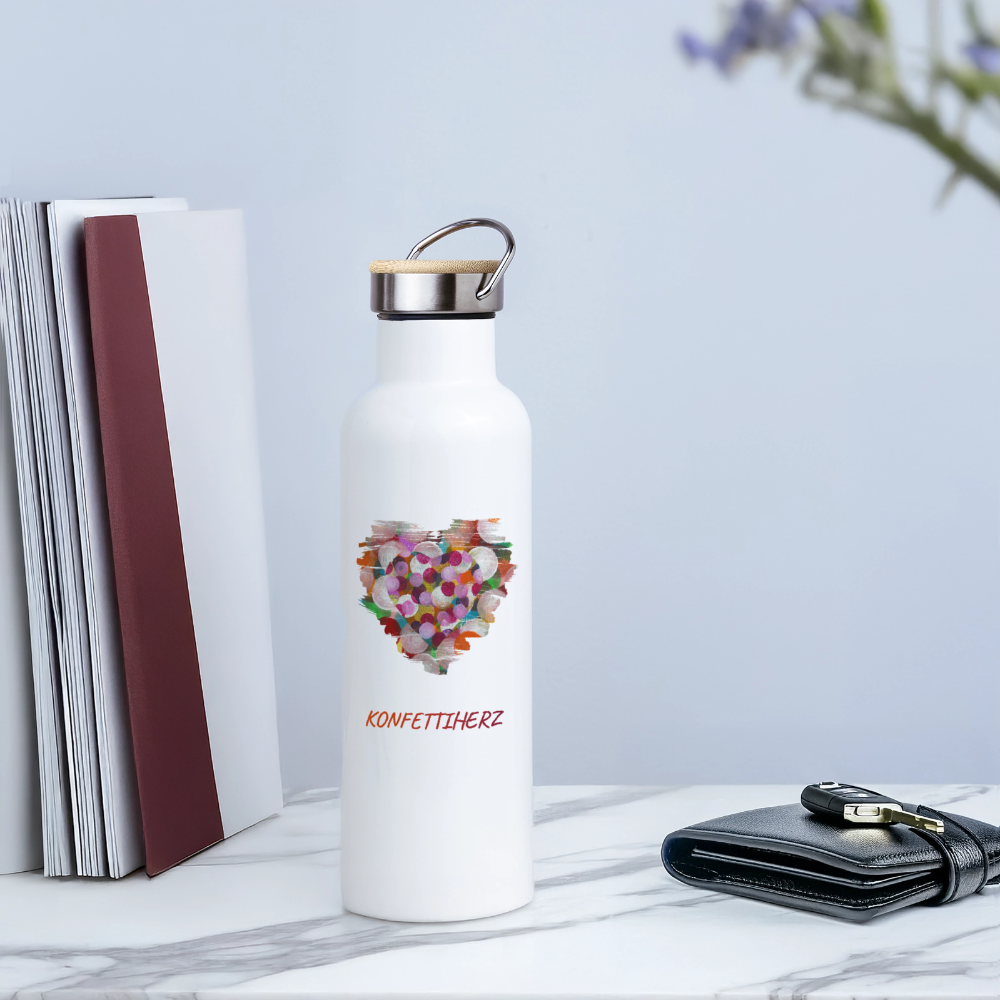 Thermosflasche mit Bambusdeckel - Konfettiherz - Weiß
